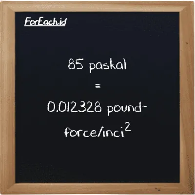 85 paskal setara dengan 0.012328 pound-force/inci<sup>2</sup> (85 Pa setara dengan 0.012328 lbf/in<sup>2</sup>)